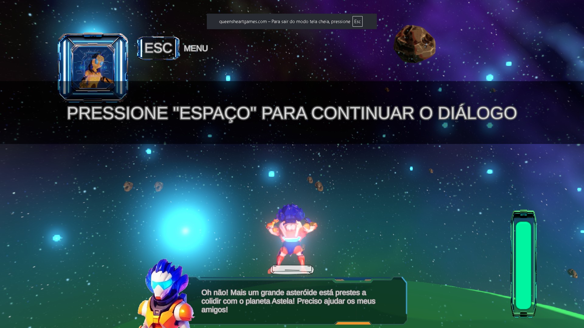 Diálogo alertando sobre o asteroide que ameaça o planeta Astela