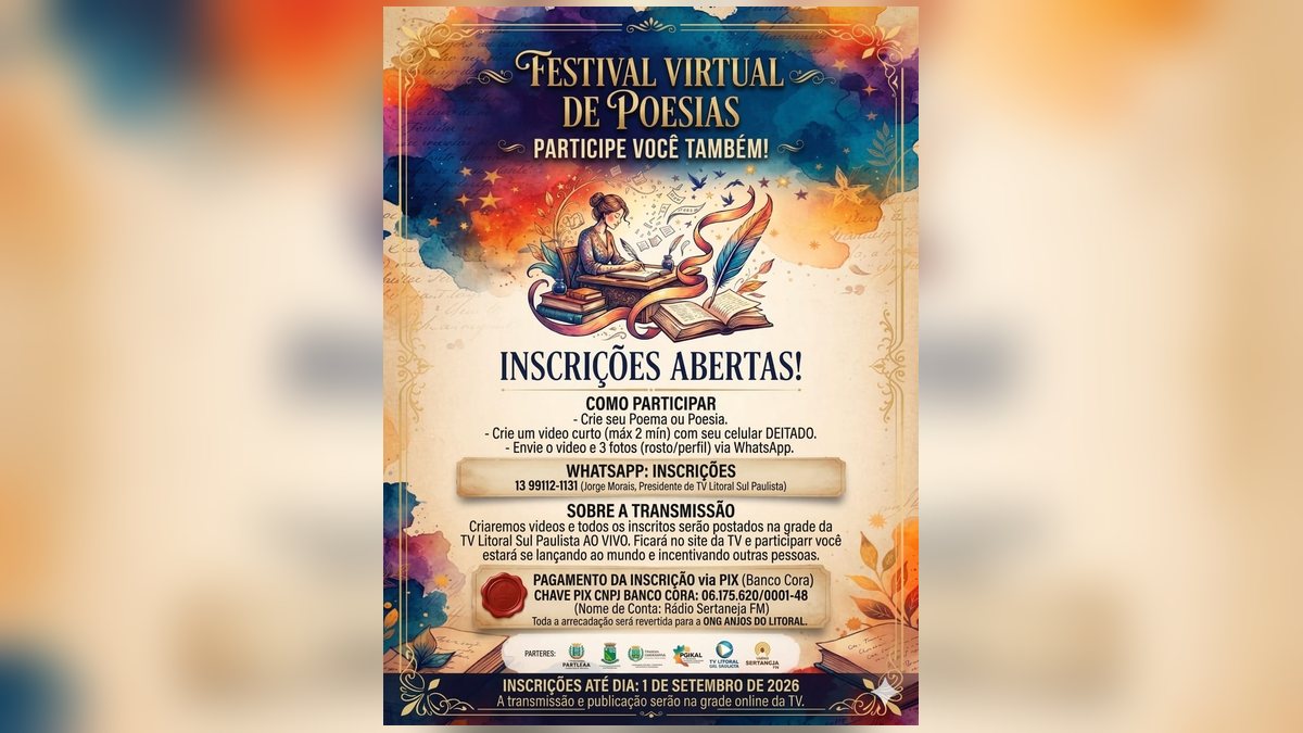Arte de divulgação do Festival Virtual de Poesias — Divulgação/TV Litoral Sul Paulista