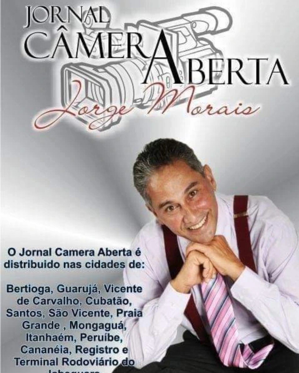 Cartaz do Jornal Câmera Aberta com a lista de cidades de distribuição, de Bertioga a Cananéia