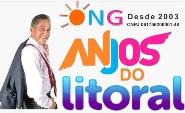 Logotipo da ONG Anjos do Litoral ao lado de Jorge Morais